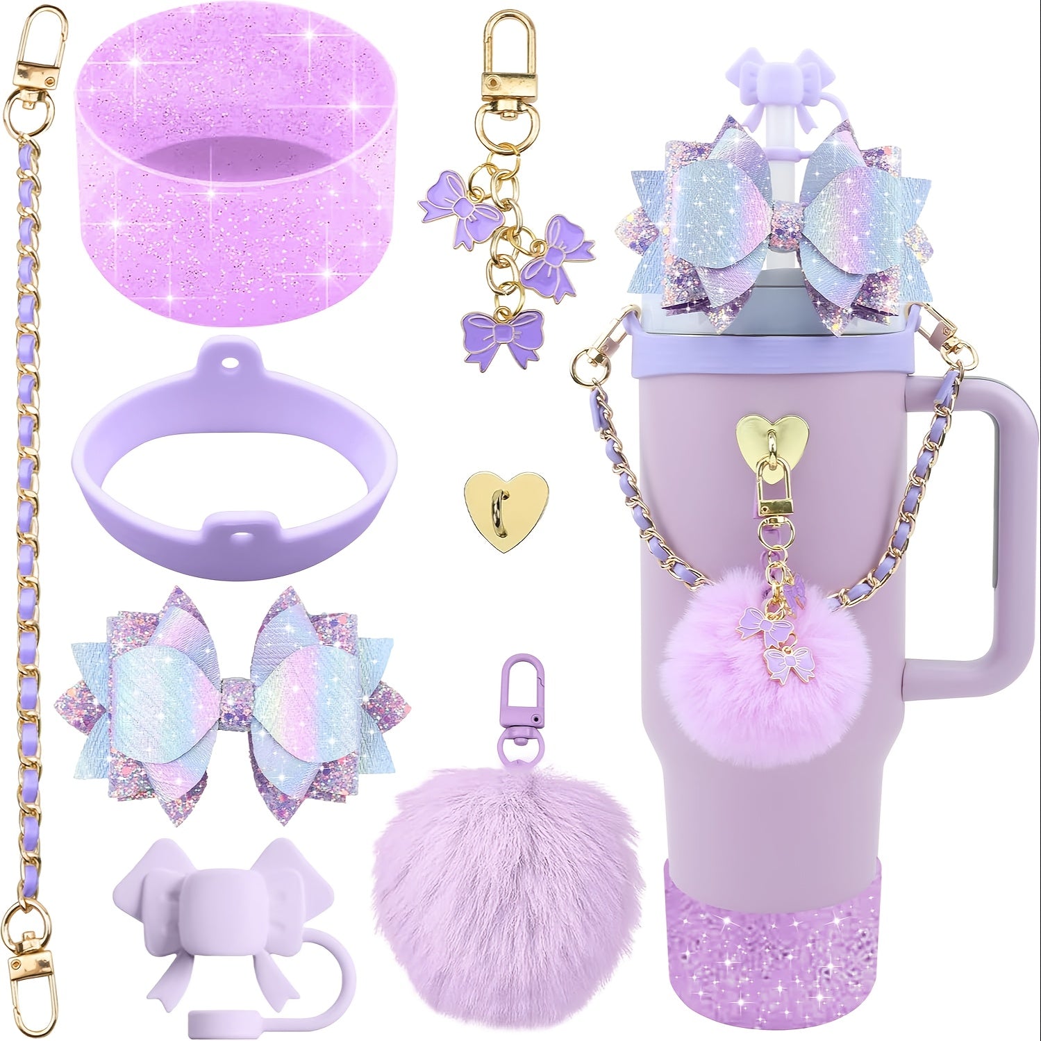 8pcs Bling Silicone Accessories for 30oz 40oz Tumbler Cup, Including Silicone Bow Straw Topper Cover, Protective Silicone Boot, Leather Water Bottles Handle Strap